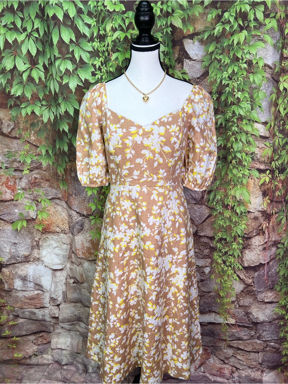 DRAPER JAMES Camel Cottagecore Floral Linen Sweetheart Neckline Dress, 2 - Picture 2 of 14